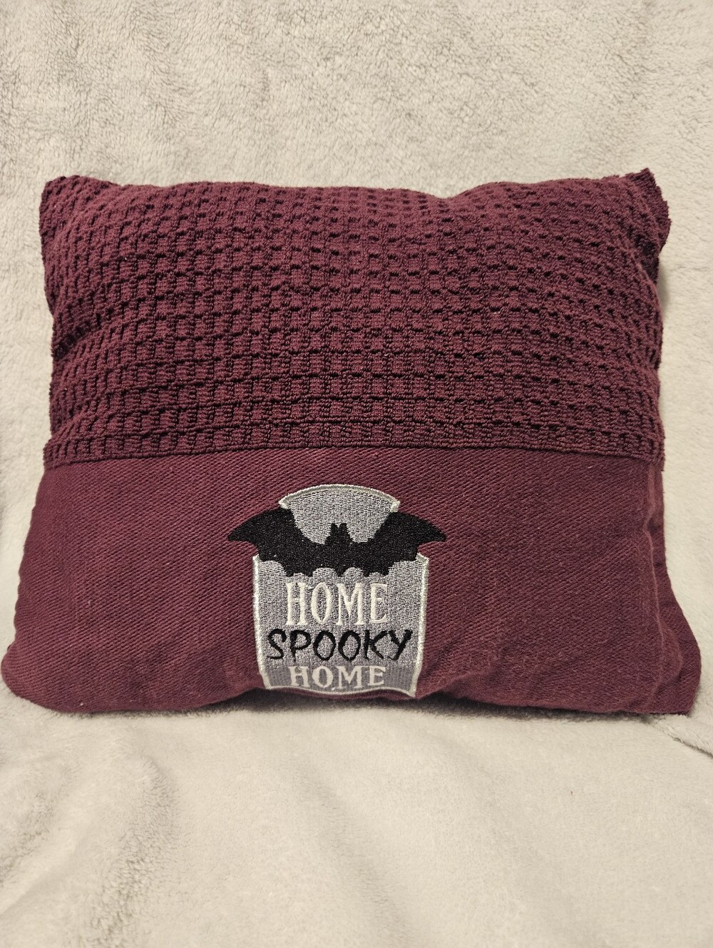 Home Spooky Home bat burgundy/wine colored handmade accent pillow.